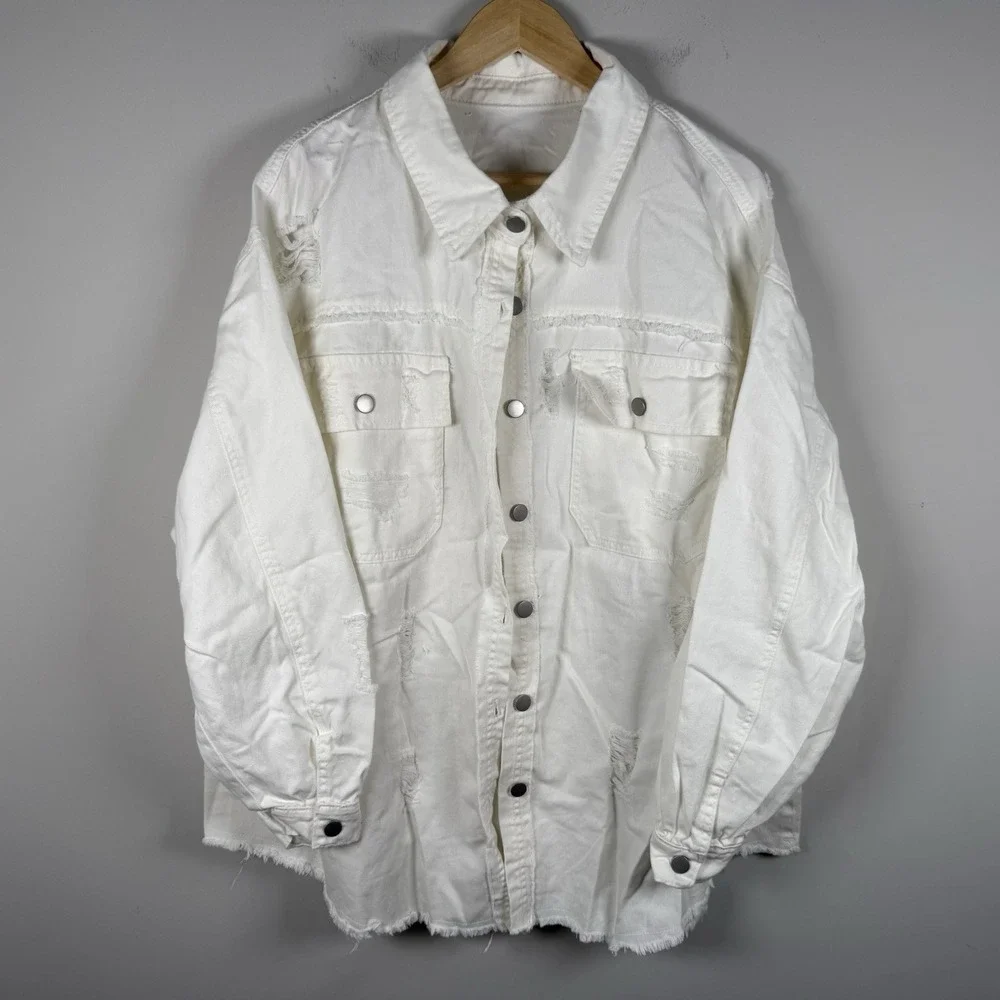 Y2K Distressed White Denim Jacket Long Sleeve Button Casual Womens‎ 3XL NEW